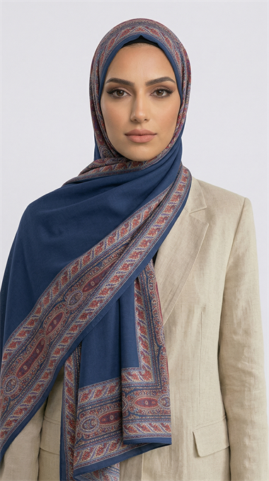 ZİNCİR DESENLİ COTTON ŞAL - LACİVERT / KIRMIZI
