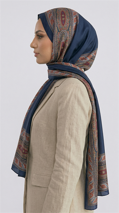 ZİNCİR DESENLİ COTTON ŞAL - LACİVERT / KIRMIZI
