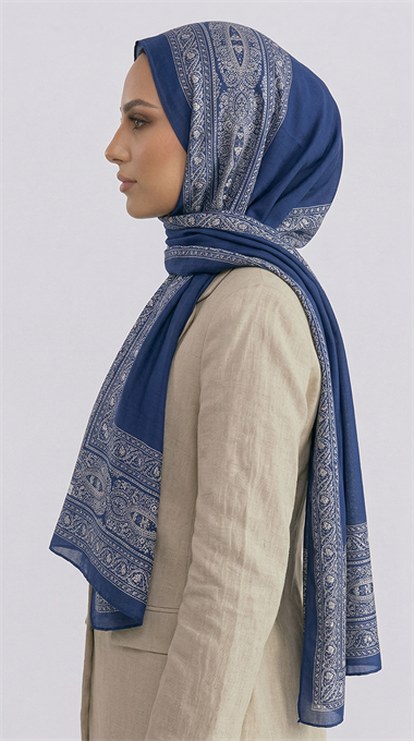 ZİNCİR DESENLİ COTTON ŞAL - LACİVERT