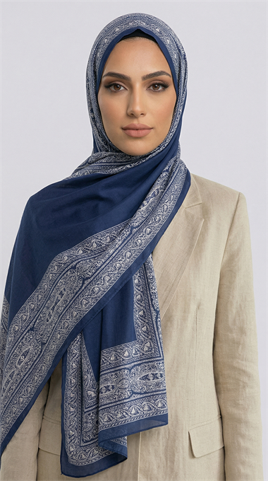 ZİNCİR DESENLİ COTTON ŞAL - LACİVERT