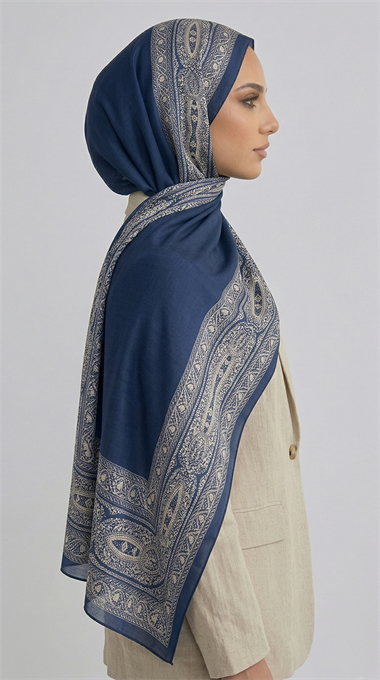 ZİNCİR DESENLİ COTTON ŞAL - LACİVERT