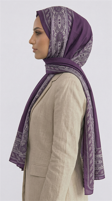 ZİNCİR DESENLİ COTTON ŞAL - MOR / KREM