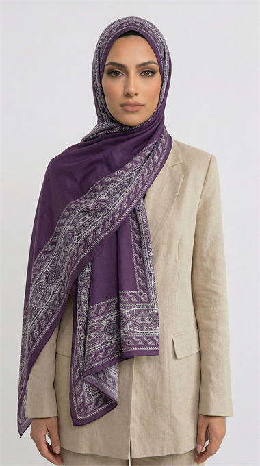 ZİNCİR DESENLİ COTTON ŞAL - MOR / KREM