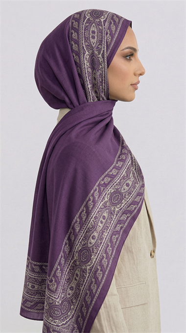 ZİNCİR DESENLİ COTTON ŞAL - MOR / KREM
