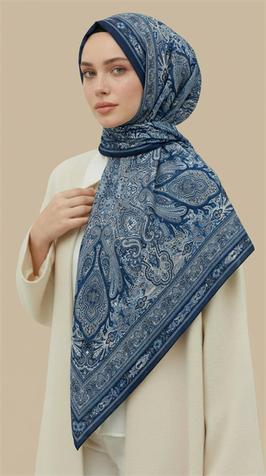 ZÜMRÜT DESENLİ 120 CM COTTON ŞAL EŞARP - MAVİ
