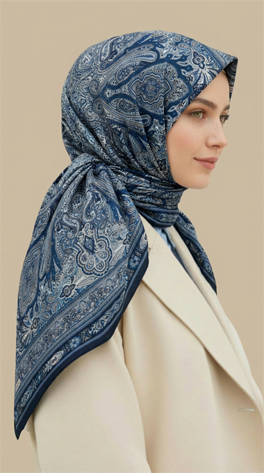ZÜMRÜT DESENLİ 120 CM COTTON ŞAL EŞARP - MAVİ