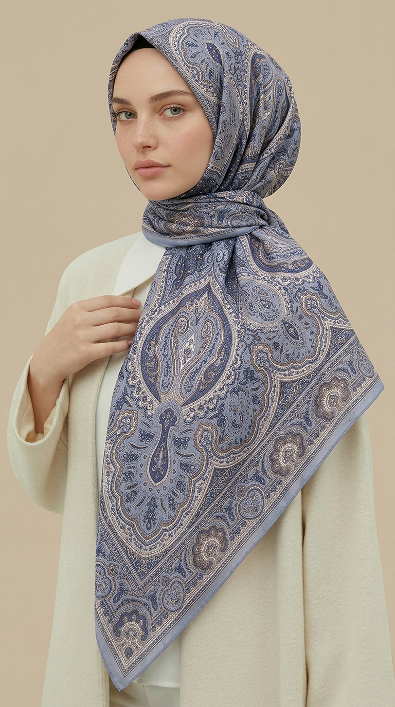 Karaca Eşarp ŞAL EŞARP  NERİS DESENLİ 120*120 CM COTTON EŞARP - KREM BUZ MAVİSİ