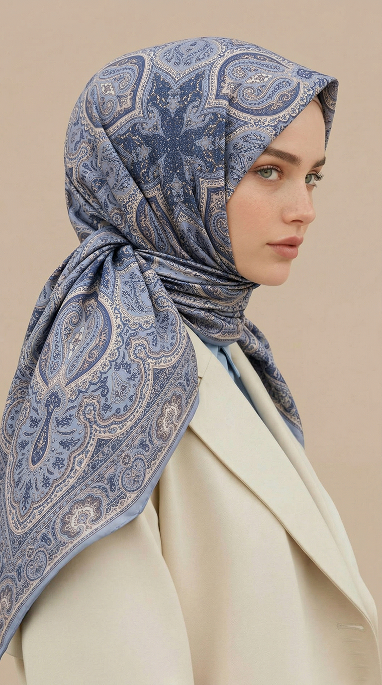 Karaca Eşarp ŞAL EŞARP  NERİS DESENLİ 120*120 CM COTTON EŞARP - KREM BUZ MAVİSİ