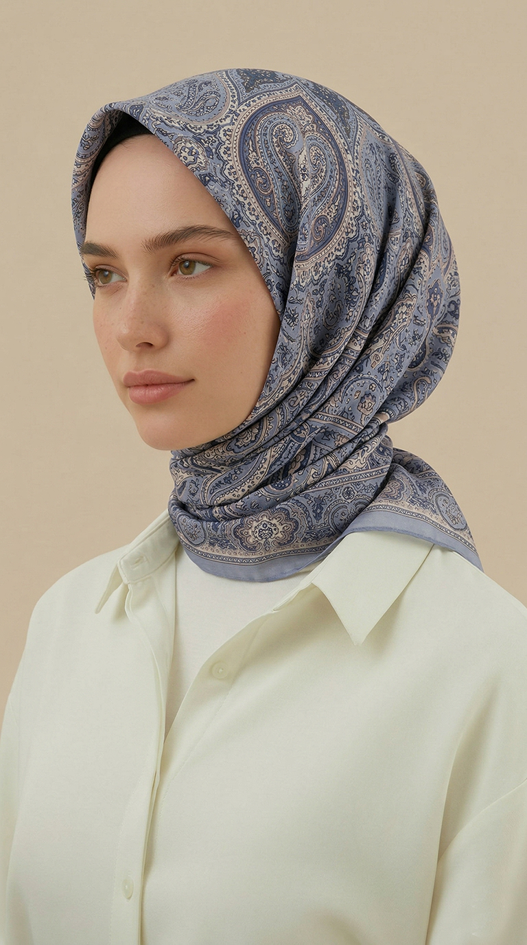 Karaca Eşarp ŞAL EŞARP  NERİS DESENLİ 120*120 CM COTTON EŞARP - KREM BUZ MAVİSİ