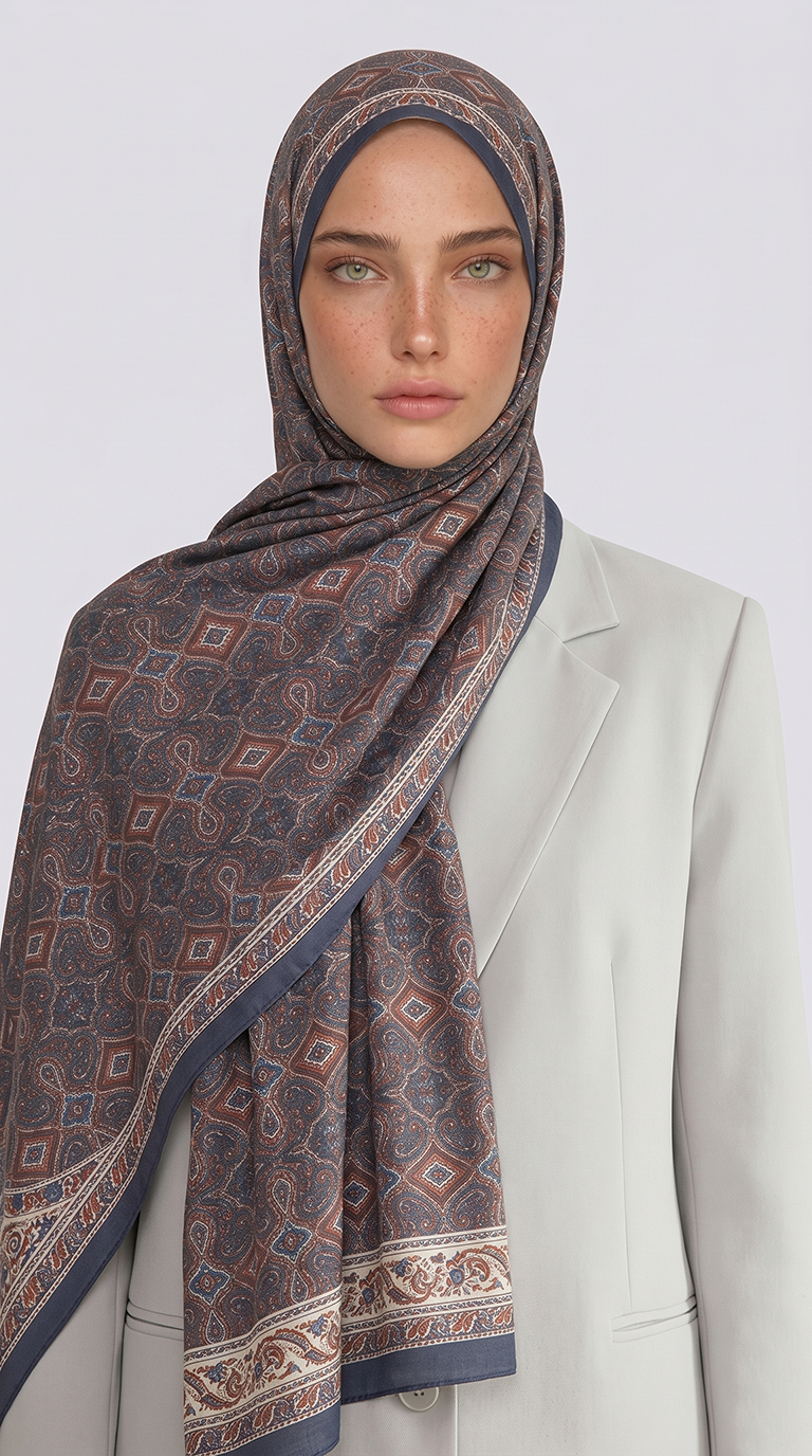 Karaca EşarpCOTTON ŞAL AHENK DESENLİ COTTON ŞAL - LACİVERT / KİREMİT