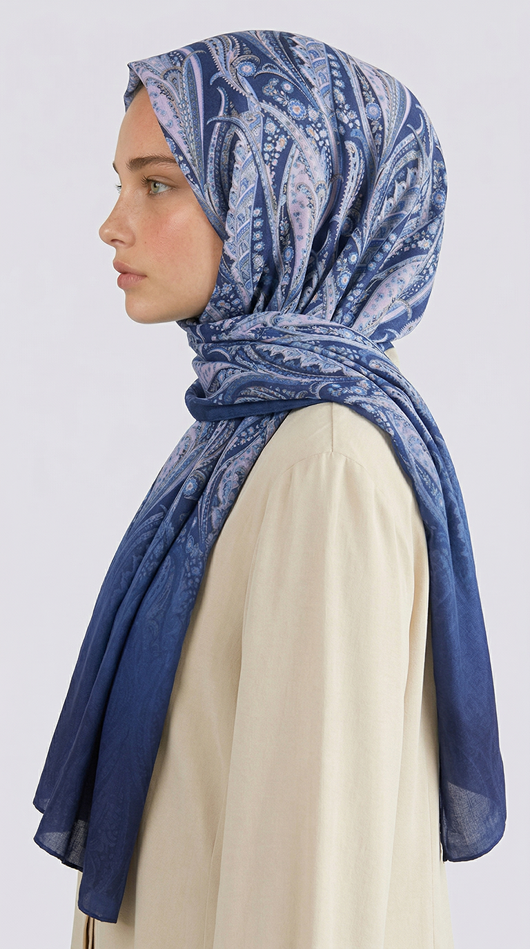 Karaca EşarpCOTTON ŞAL ALMERA DESENLİ COTTON ŞAL - LACİVERT / BEYAZ