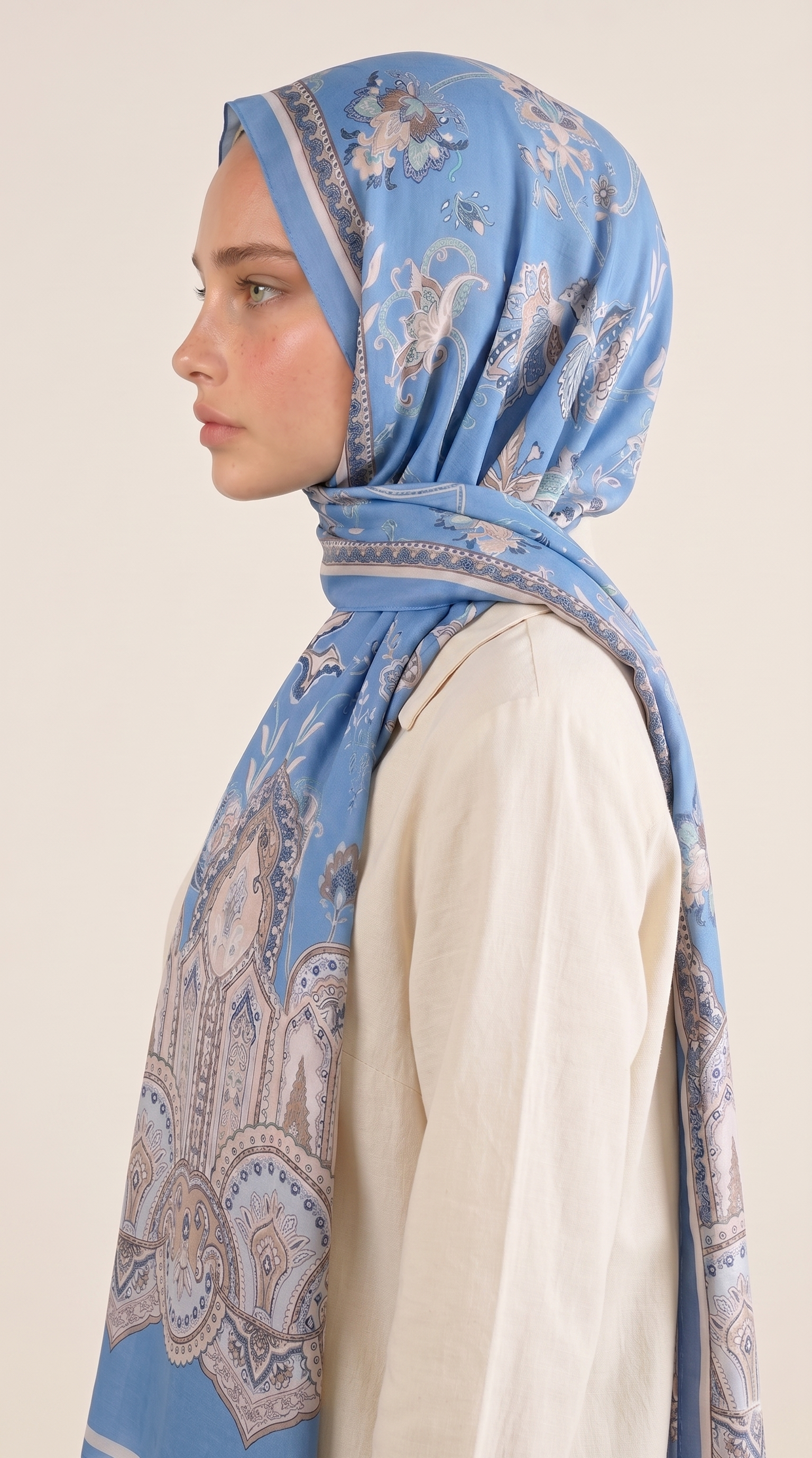 Karaca EşarpCOTTON LİNE EŞARPALYA ETNİK DESENLİ COTTON ŞAL - MAVİ / KREM 