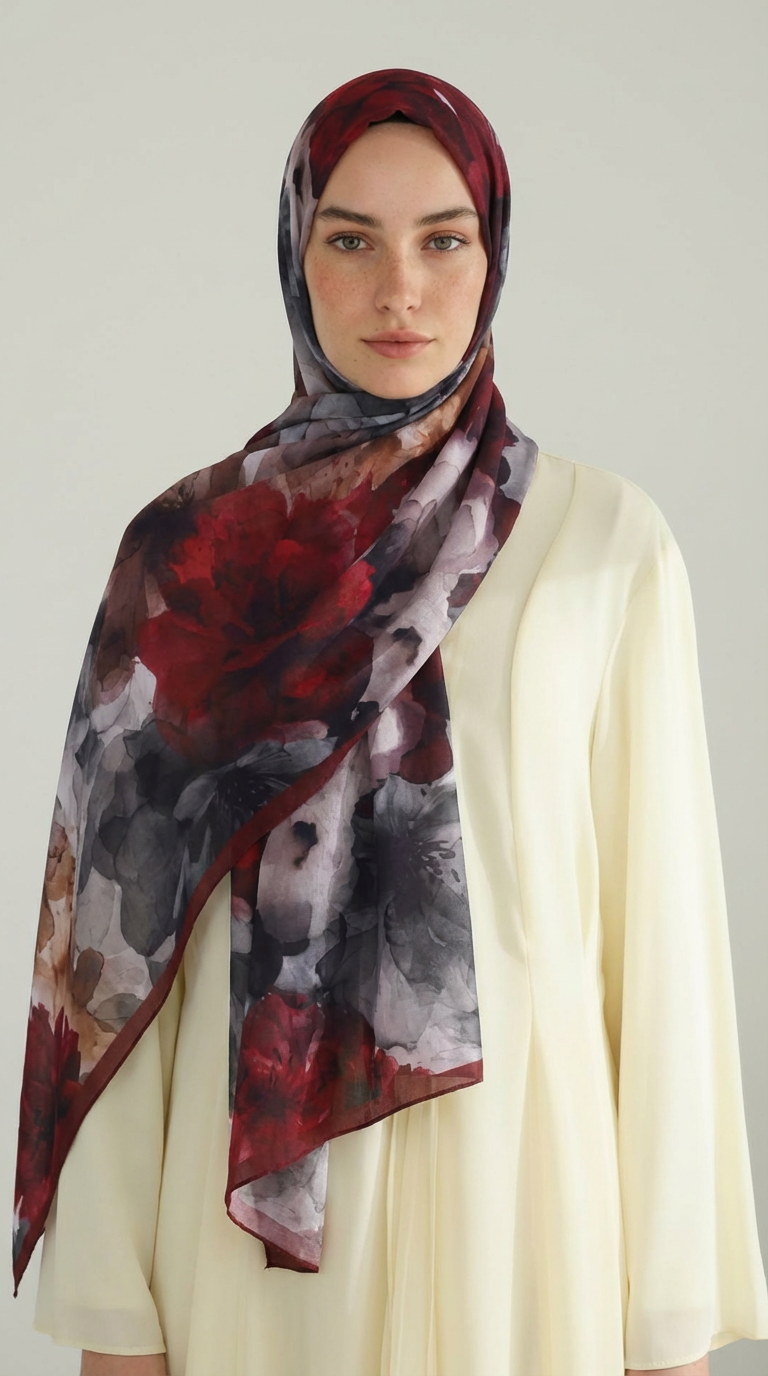 Karaca EşarpCOTTON ŞAL ÇİÇEK DESENLİ COTTON ŞAL - BORDO / GRİ 
