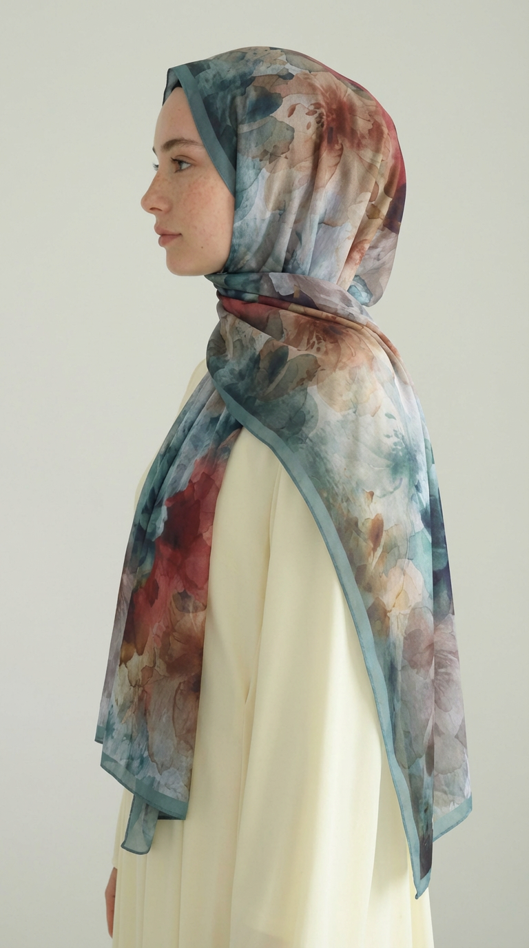 Karaca EşarpCOTTON ŞAL ÇİÇEK DESENLİ COTTON ŞAL - BUZ MAVİSİ / BEJ