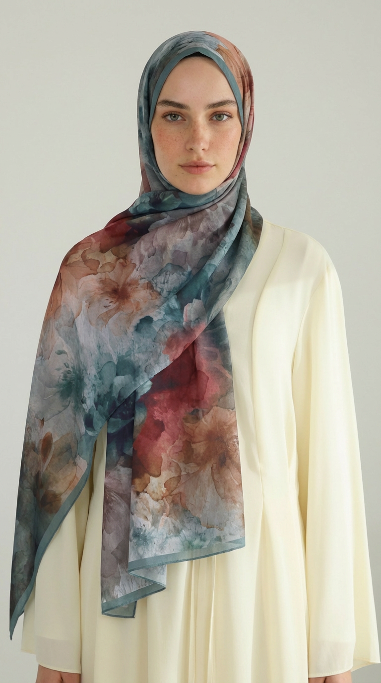 Karaca EşarpCOTTON ŞAL ÇİÇEK DESENLİ COTTON ŞAL - BUZ MAVİSİ / BEJ