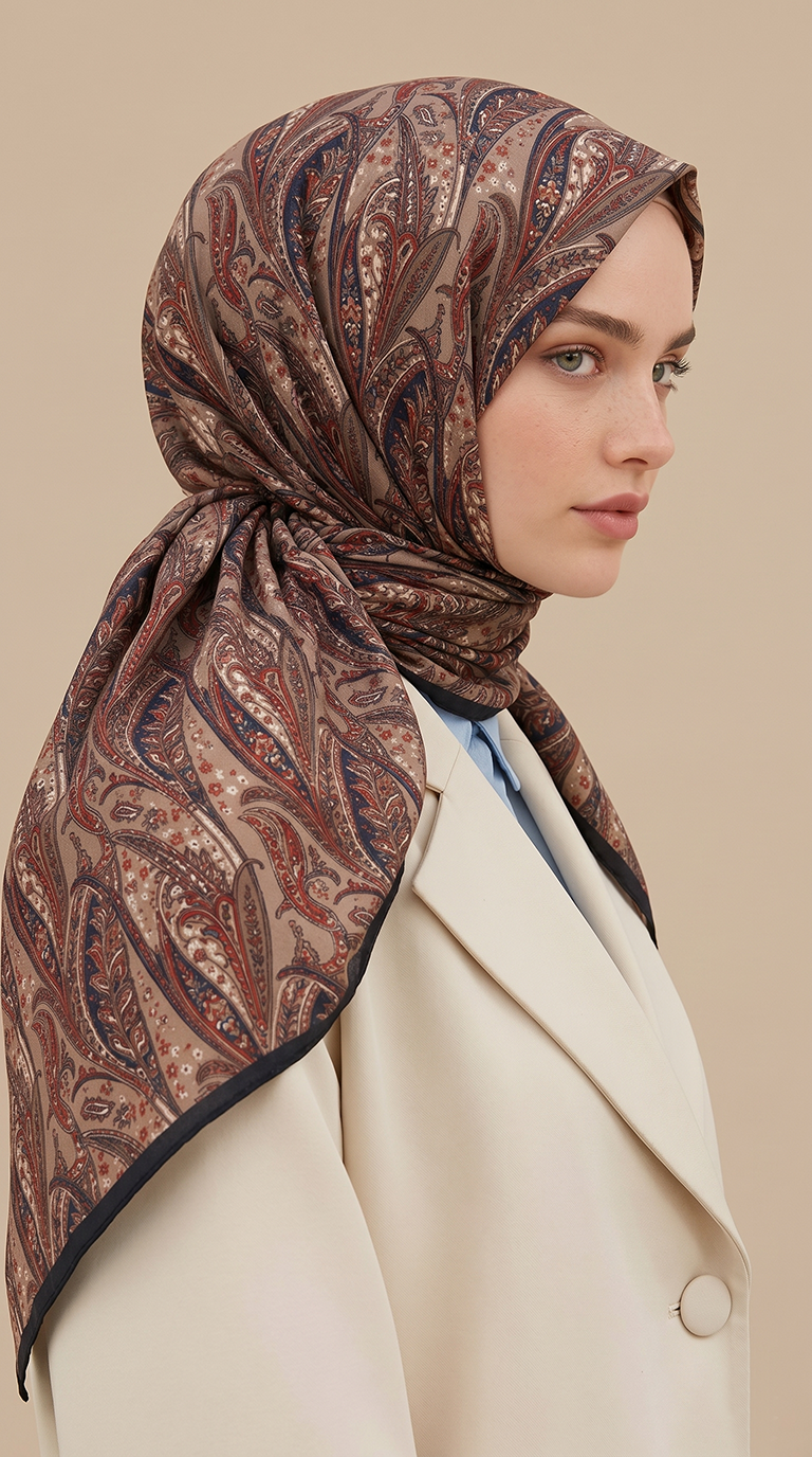 Karaca Eşarp ŞAL EŞARP EFSUN DESENLİ 120*120 CM COTTON EŞARP - BEJ / KIRMIZI