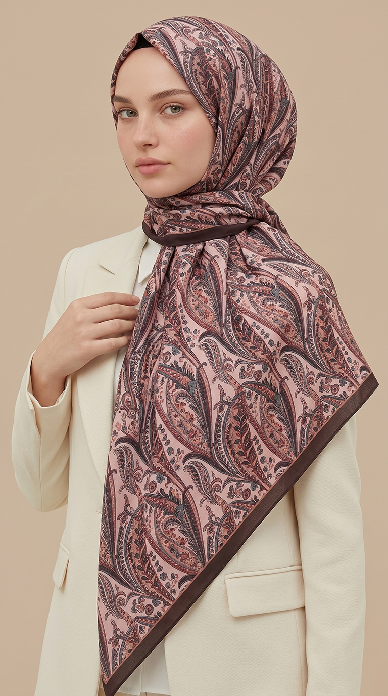 Karaca Eşarp ŞAL EŞARP EFSUN DESENLİ 120*120 CM COTTON EŞARP - KAHVERENGİ / KREM