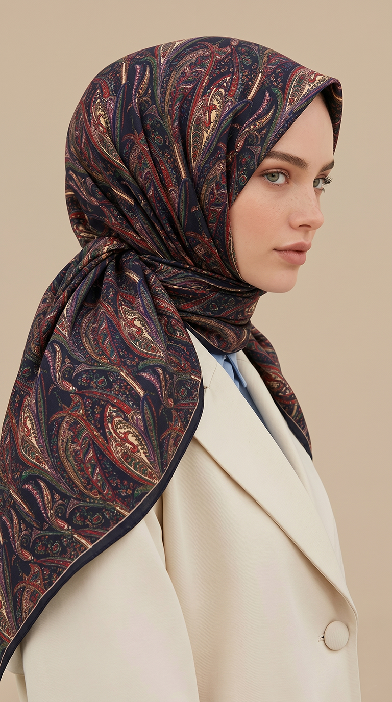 Karaca Eşarp ŞAL EŞARP EFSUN DESENLİ 120*120 CM COTTON EŞARP -KIRMIZI / LACİVERT 
