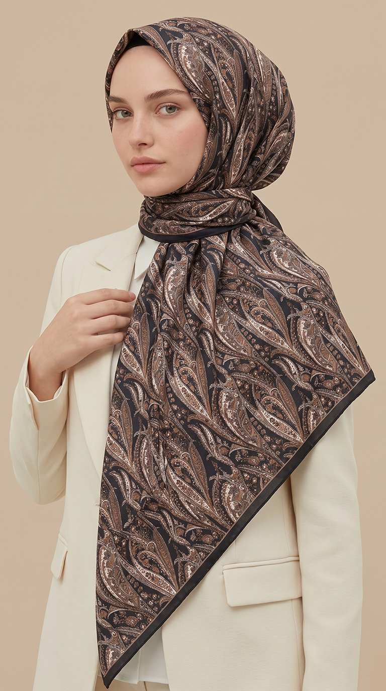 Karaca Eşarp ŞAL EŞARP EFSUN DESENLİ 120*120 CM COTTON EŞARP - KAHVERENGİ / SİYAH 