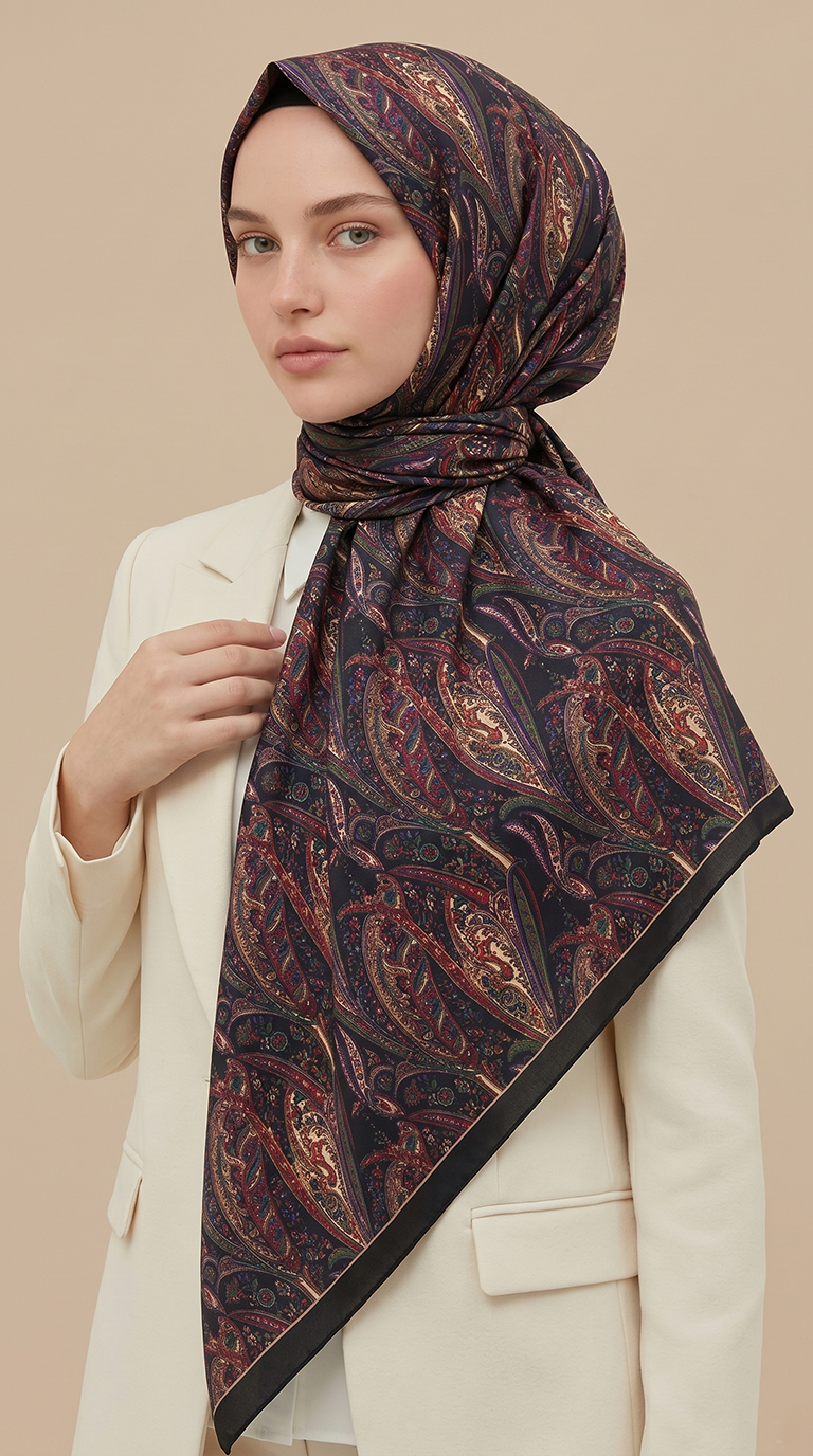 Karaca Eşarp ŞAL EŞARP EFSUN DESENLİ 120*120 CM COTTON EŞARP -KIRMIZI / LACİVERT 