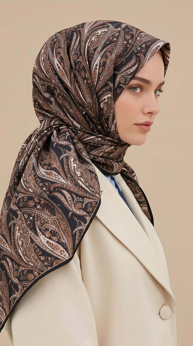 Karaca Eşarp ŞAL EŞARP EFSUN DESENLİ 120*120 CM COTTON EŞARP - KAHVERENGİ / SİYAH 