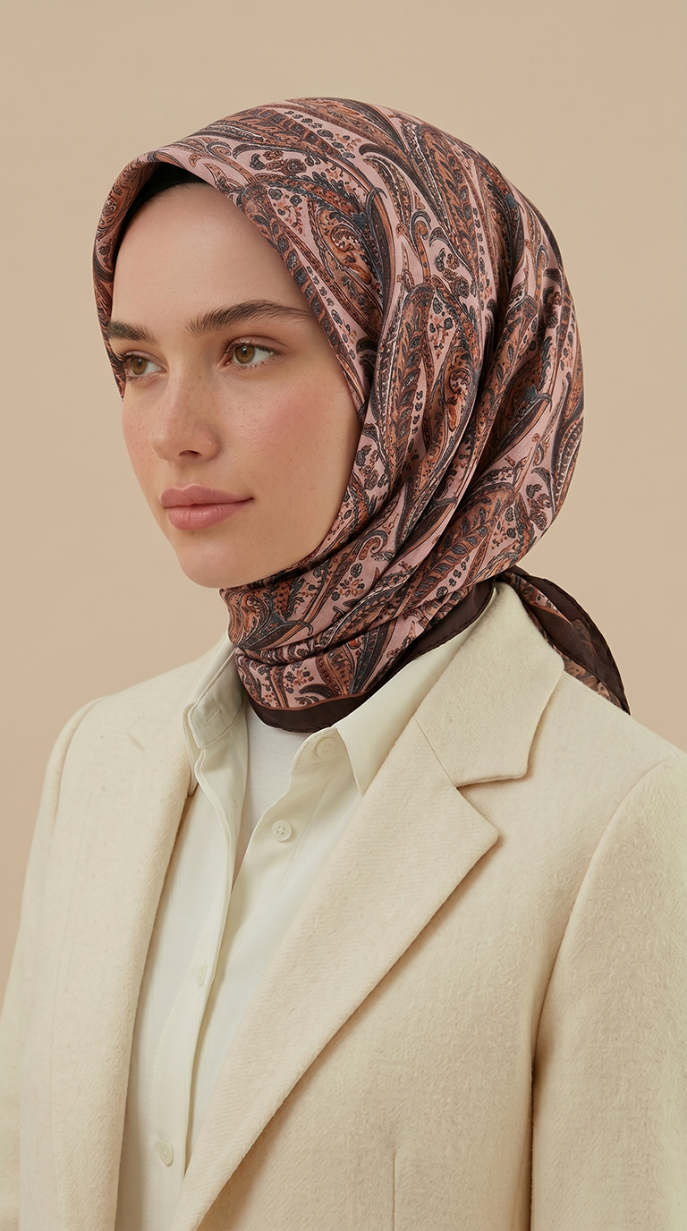 Karaca Eşarp ŞAL EŞARP EFSUN DESENLİ 120*120 CM COTTON EŞARP - KAHVERENGİ / KREM
