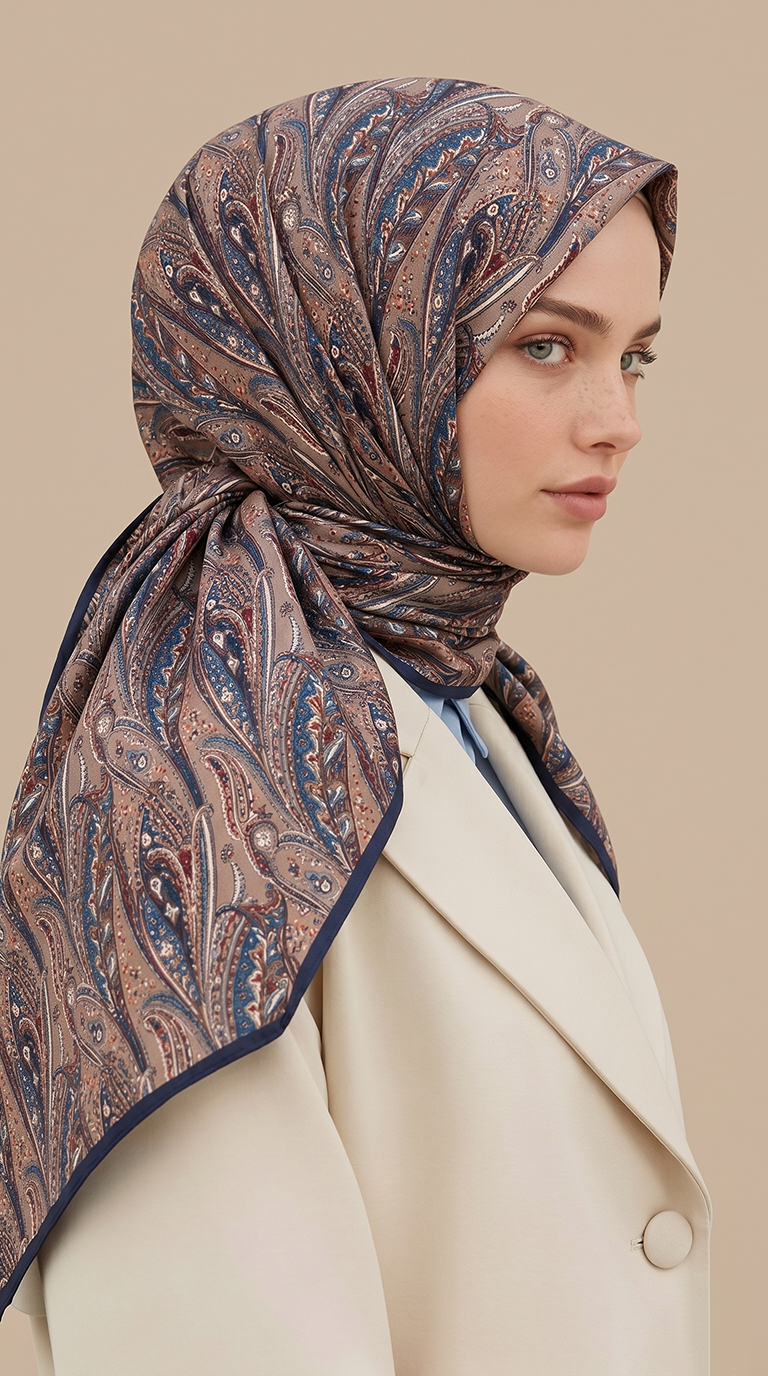 Karaca Eşarp ŞAL EŞARP EFSUN DESENLİ 120*120 CM COTTON EŞARP - LACİVERT / BEJ