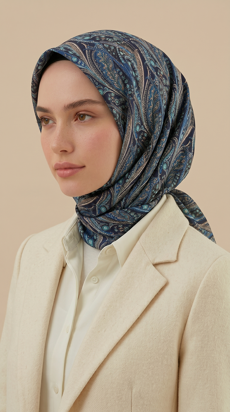 Karaca Eşarp ŞAL EŞARP EFSUN DESENLİ 120*120 CM COTTON EŞARP -  LACİVERT