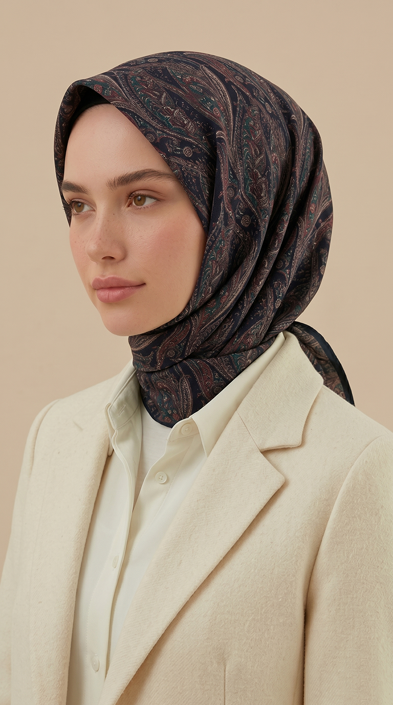 Karaca Eşarp ŞAL EŞARP EFSUN DESENLİ 120*120 CM COTTON EŞARP - LACİVERT /  YEŞİL