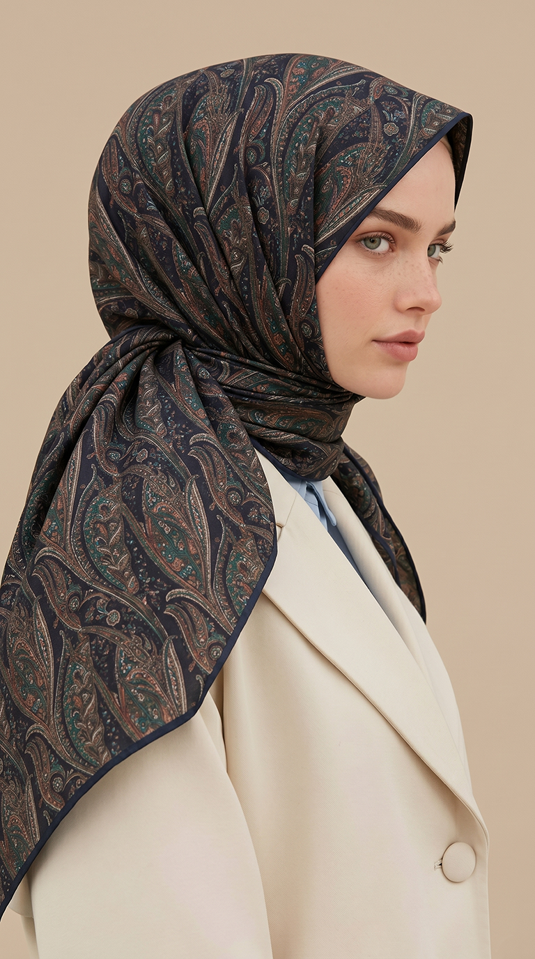 Karaca Eşarp ŞAL EŞARP EFSUN DESENLİ 120*120 CM COTTON EŞARP - LACİVERT /  YEŞİL