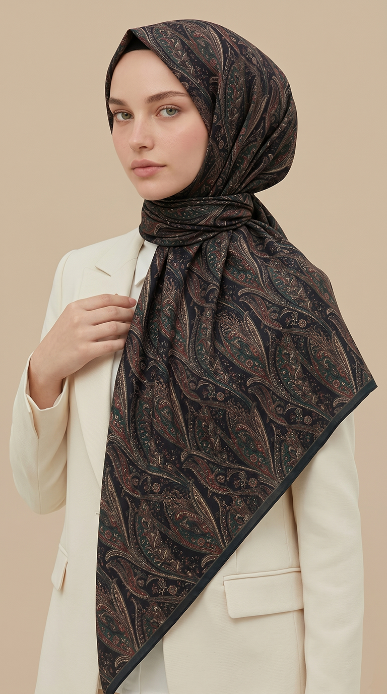 Karaca Eşarp ŞAL EŞARP EFSUN DESENLİ 120*120 CM COTTON EŞARP - LACİVERT /  YEŞİL