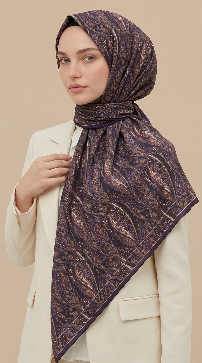 Karaca Eşarp ŞAL EŞARP EFSUN DESENLİ 120*120 CM COTTON EŞARP -  MOR / KAHVERENGİ
