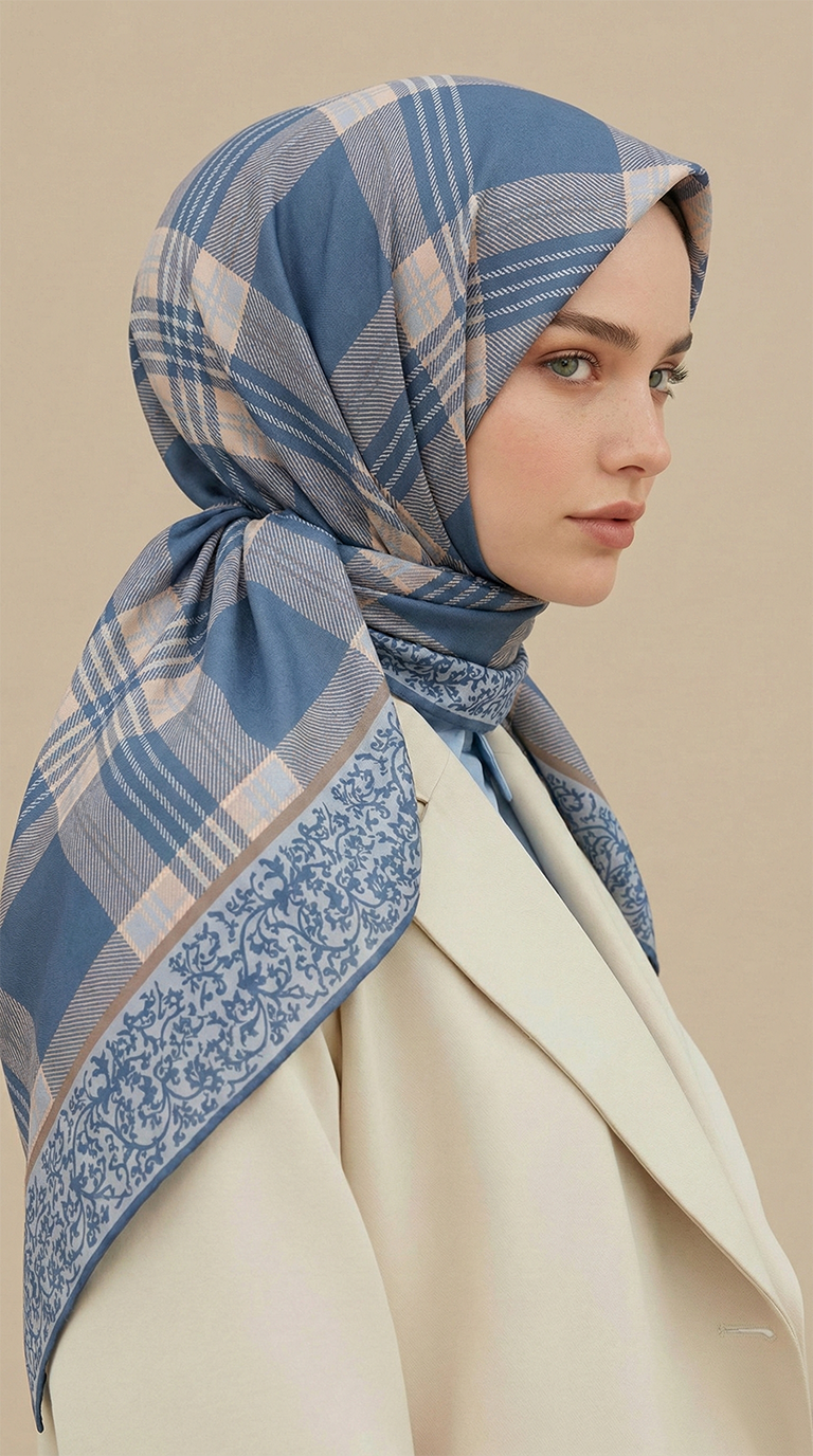 Karaca EşarpKOTON EŞARP EKOSE DESENLİ 100*100 CM COTTTON EŞARP - MAVİ