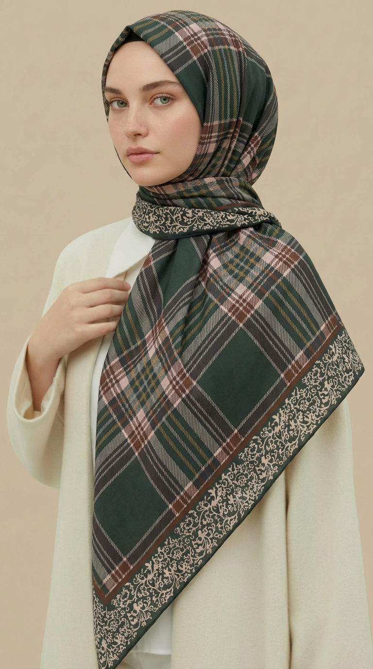 Karaca EşarpKOTON EŞARP EKOSE DESENLİ 100*1OO CM COTTON EŞARP - HAKİ / KAHVERENGİ 