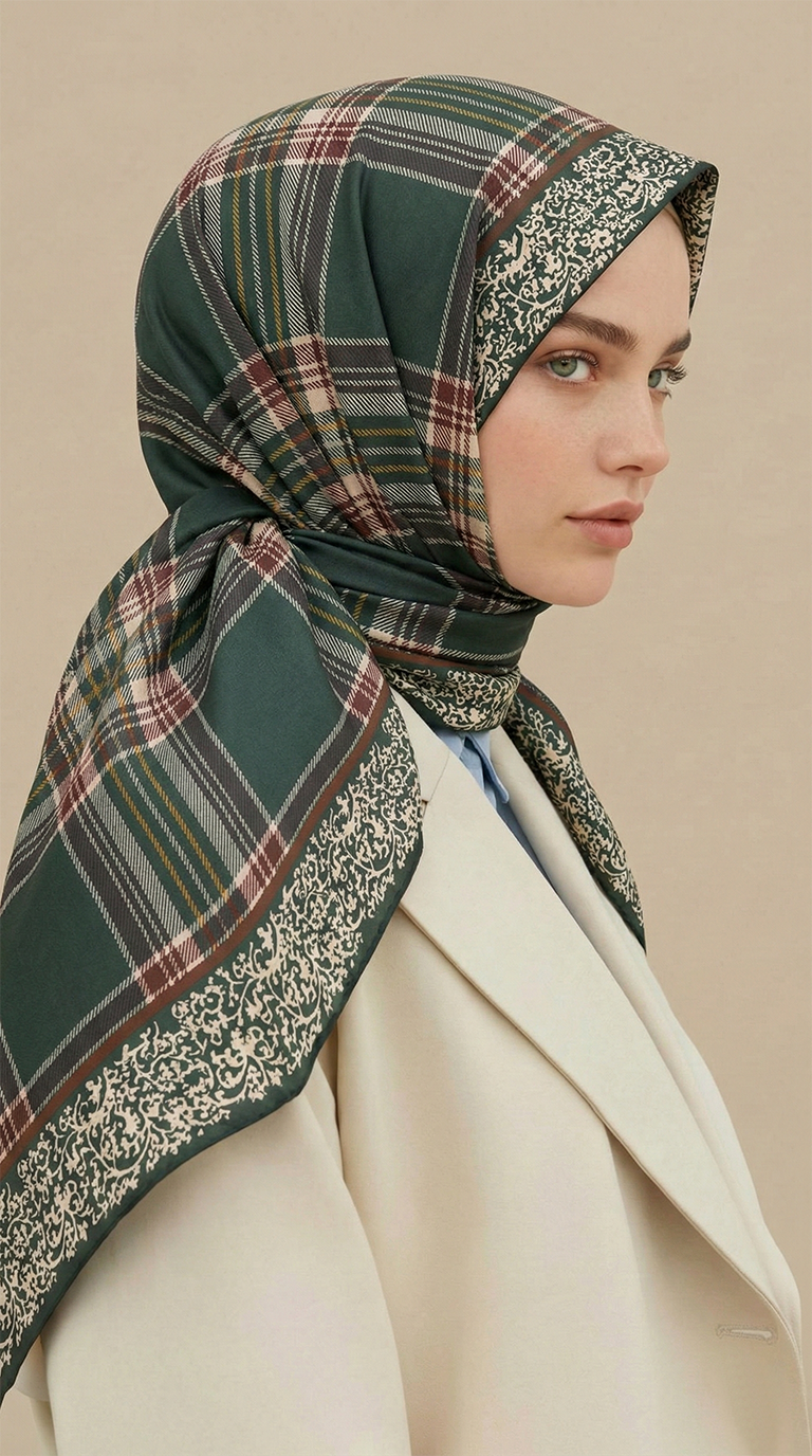 Karaca EşarpKOTON EŞARP EKOSE DESENLİ 100*1OO CM COTTON EŞARP - HAKİ / KAHVERENGİ 
