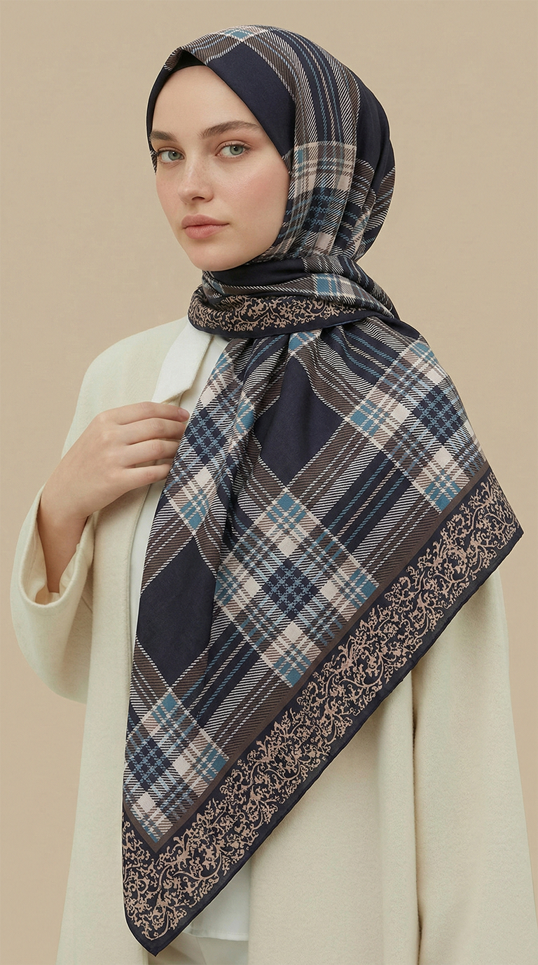 Karaca EşarpKOTON EŞARP EKOSE DESENLİ 100*1OO CM COTTON EŞARP - KAHVERENGİ / MAVİ