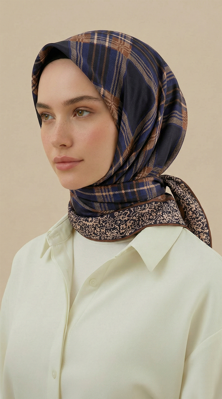 Karaca EşarpKOTON EŞARP EKOSE DESENLİ 100*1OO CM COTTON EŞARP - LACİVERT / KİREMİT 