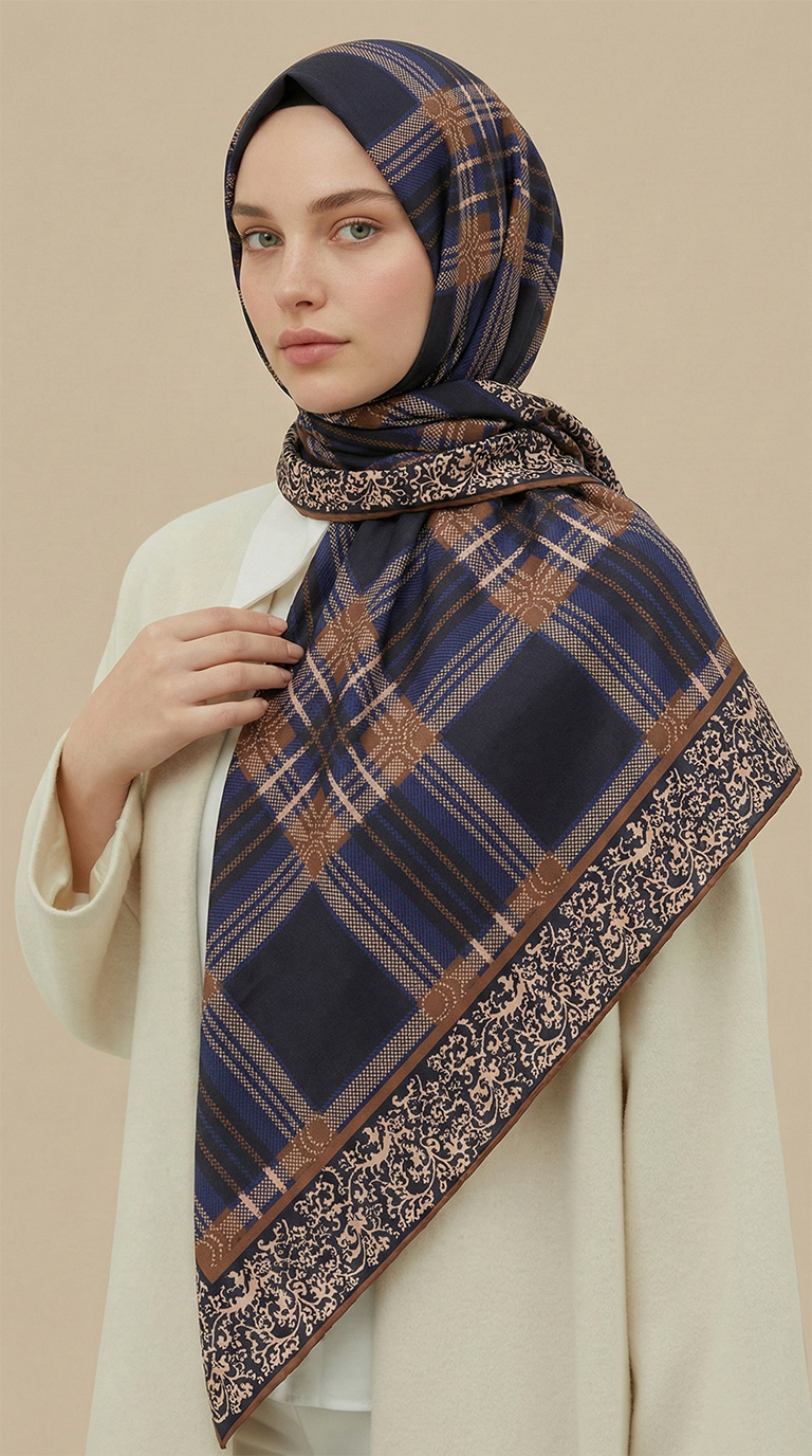 Karaca EşarpKOTON EŞARP EKOSE DESENLİ 100*1OO CM COTTON EŞARP - LACİVERT / KİREMİT 