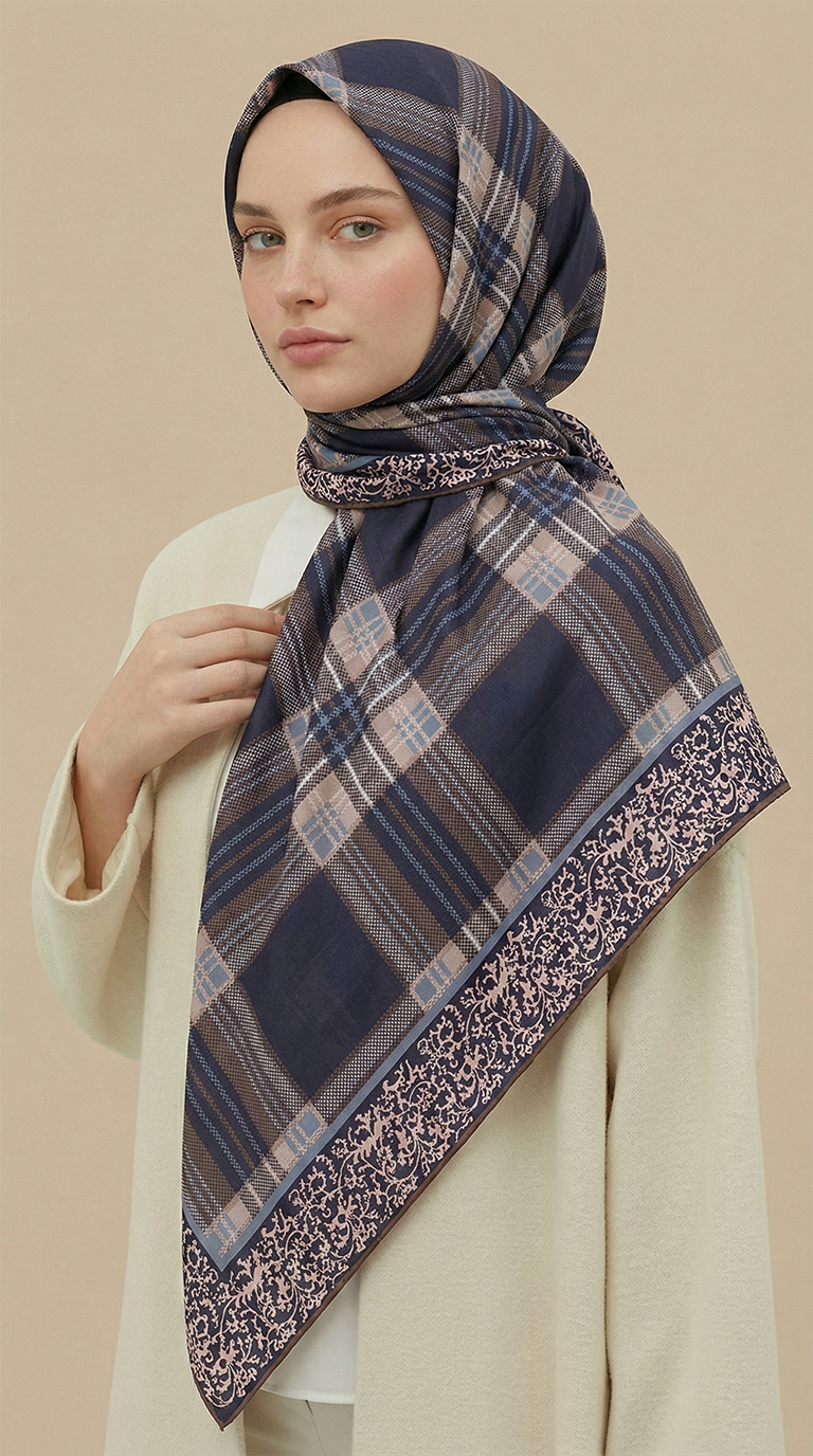 Karaca EşarpKOTON EŞARP EKOSE DESENLİ 100*1OO CM COTTON EŞARP - LACİVERT / İNDİGO