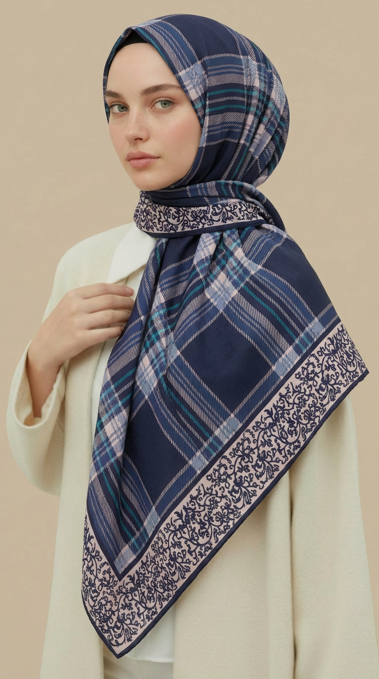 Karaca EşarpKOTON EŞARP EKOSE DESENLİ 100*1OO CM COTTON EŞARP - LACİVERT