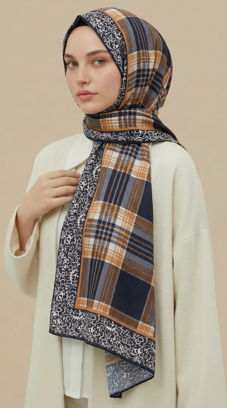Karaca EşarpKOTON EŞARP EKOSE DESENLİ 100*1OO CM COTTON EŞARP  - SİYAH / TURUNCU