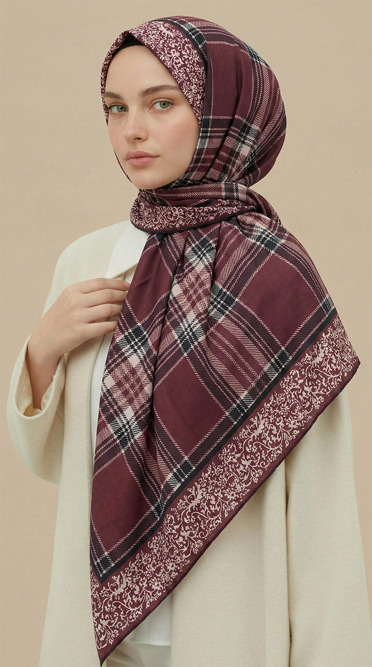 Karaca EşarpKOTON EŞARP EKOSE DESENLİ 100*1OO CM COTTON EŞARP - SİYAH / MÜRDÜM