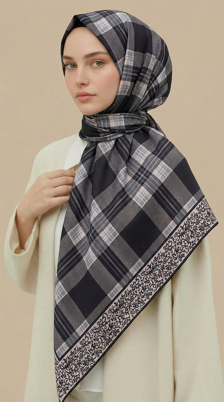 Karaca EşarpKOTON EŞARP EKOSE DESENLİ 100*1OO CM COTTON EŞARP - SİYAH / BEYAZ