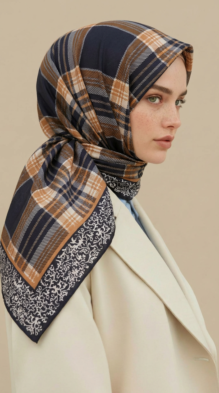 Karaca EşarpKOTON EŞARP EKOSE DESENLİ 100*1OO CM COTTON EŞARP  - SİYAH / TURUNCU