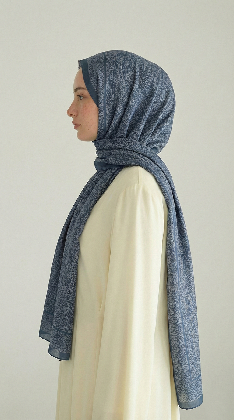 Karaca EşarpHİNT İPEĞİ ELEGANT DESENLİ VUAL İPEK ŞAL -BEBE MAVİSİ