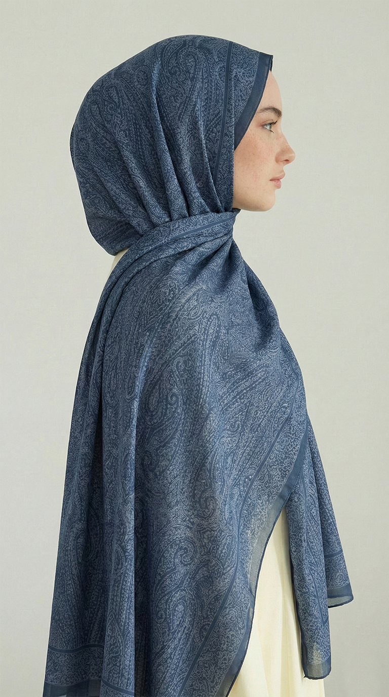 Karaca EşarpHİNT İPEĞİ ELEGANT DESENLİ VUAL İPEK ŞAL -BEBE MAVİSİ