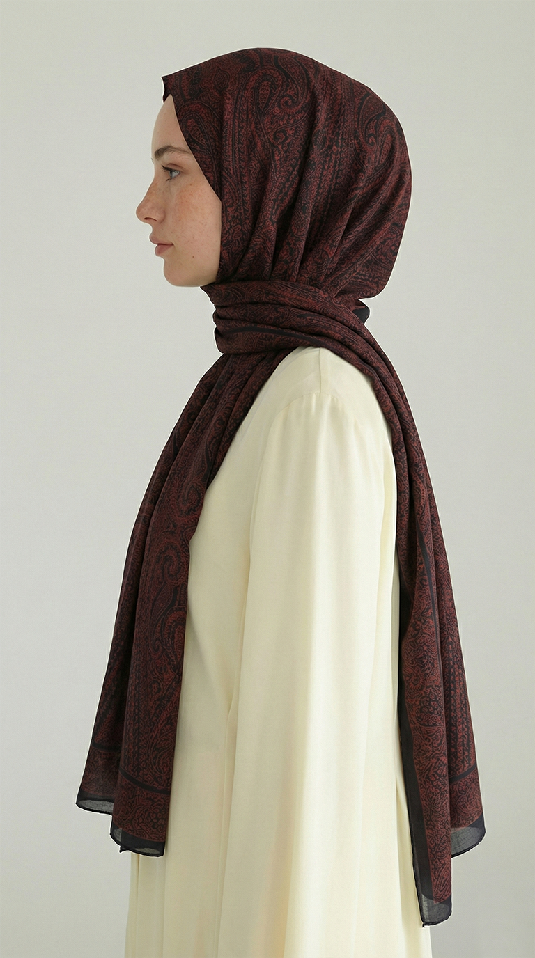 Karaca EşarpHİNT İPEĞİ ELEGANT DESENLİ VUAL İPEK ŞAL -KIRMZII / SİYAH