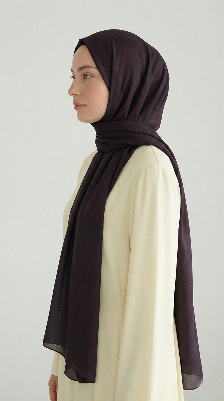 Karaca EşarpHİNT İPEĞİ ELEGANT DESENLİ VUAL İPEK ŞAL -MOR