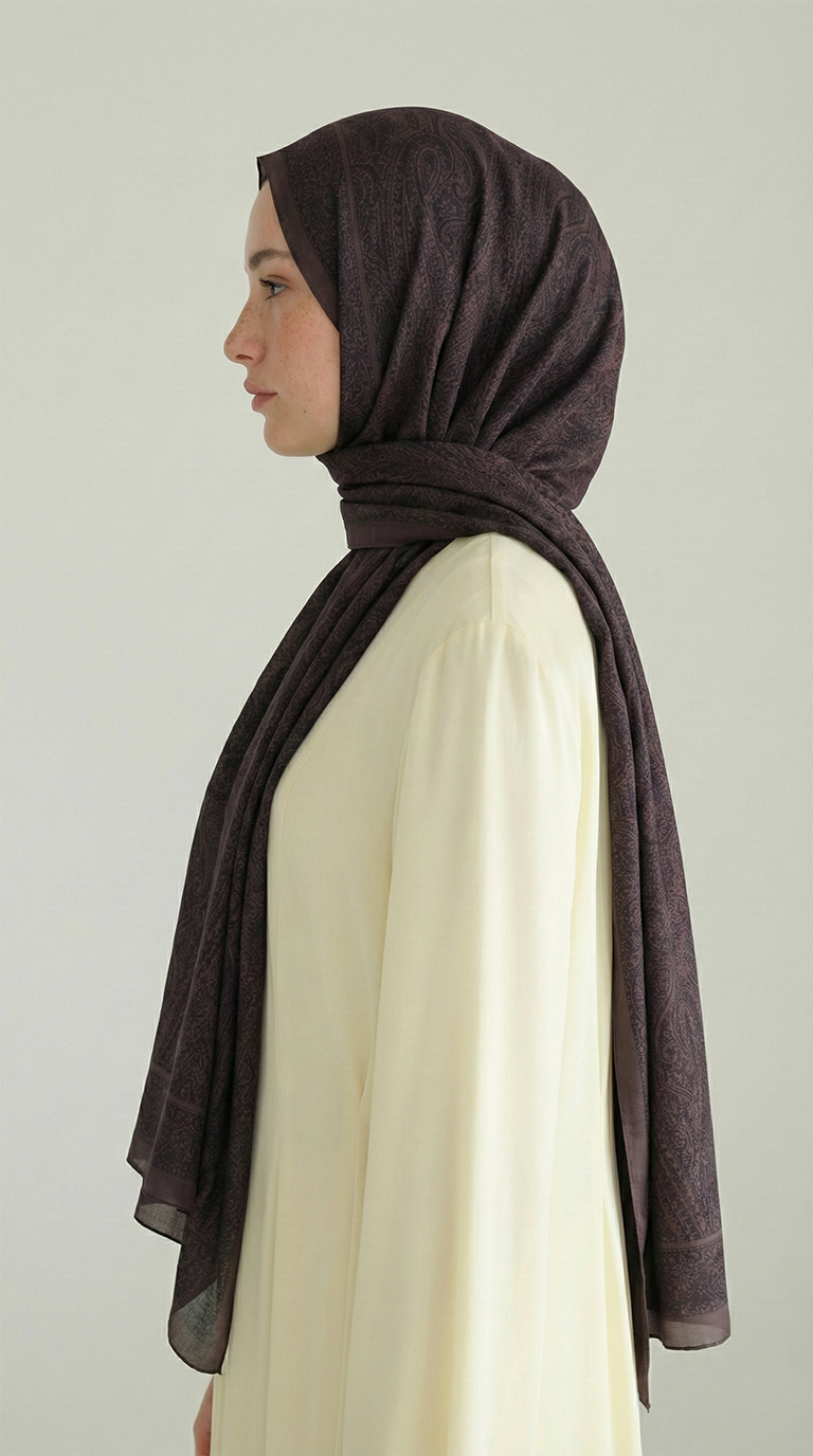 Karaca EşarpHİNT İPEĞİ ELEGANT DESENLİ VUAL İPEK ŞAL -SİYAH / KAHVERENGİ
