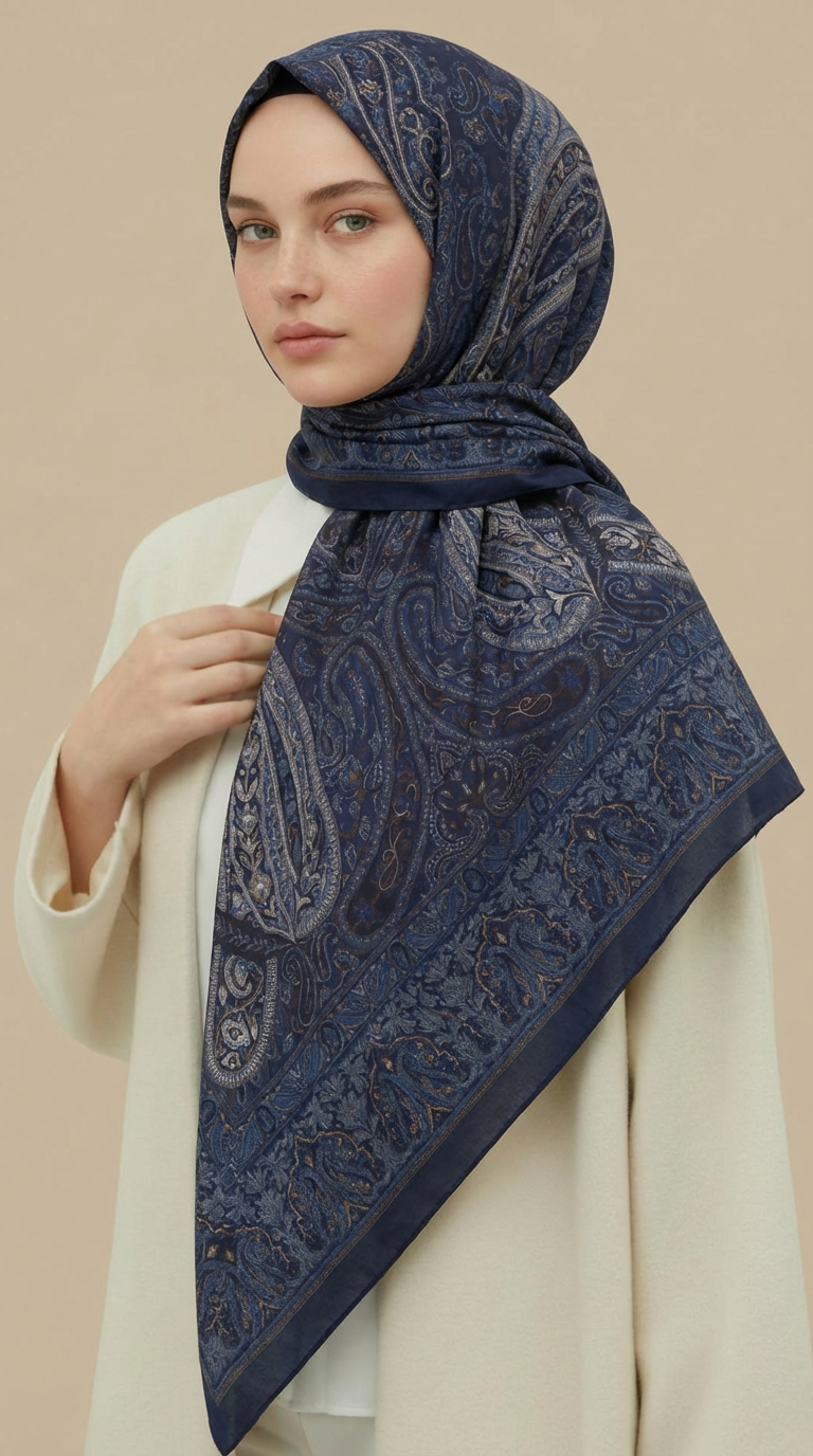 Karaca Eşarp ŞAL EŞARP ETNİK DESEN 120 * 120 CM COTTON ŞAL EŞARP -  LACİVERT / KREM 